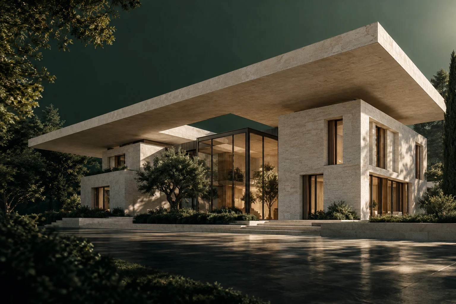 Koncepcyjna wizualizacja kamiennej architektury pod rozległym, ochronnym zadaszeniem